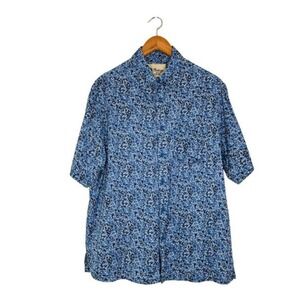 Vintage Silk Men's 100% Silk Short Sleeve Hawaiian Button Up‎ Shirt Blue Black L